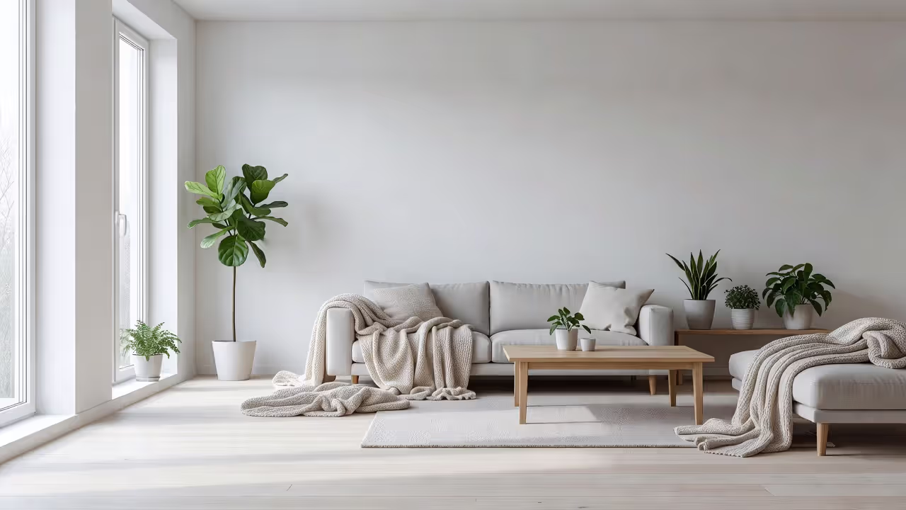 Скандинавский интерьер гостиной с деревянными полами и уютным текстилем